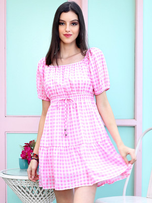 Sera Women Fit and Flare Pink Above Knee/Mid Thigh Length Dress