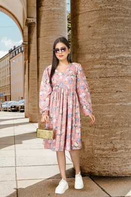 GIVAFAISHONS Women Fit and Flare Pink Maxi/Full Length Dress