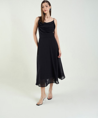 AAYU Women Fit and Flare Black Midi/Calf Length Dress