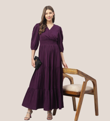 Jash Creation Women Fit and Flare Purple Maxi/Full Length Dress