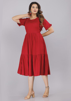 amaya creative center Women Gathered Maroon Midi/Calf Length Dress