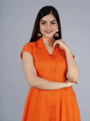 SKTARA Women Fit and Flare Orange, White Midi/Calf Length Dress
