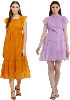 Heaven's creation Women Fit and Flare Yellow, Purple Knee Length Dress