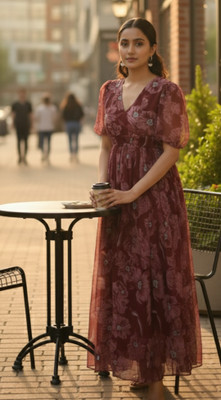 ROSEMELON Women A-line Maroon Midi/Calf Length Dress