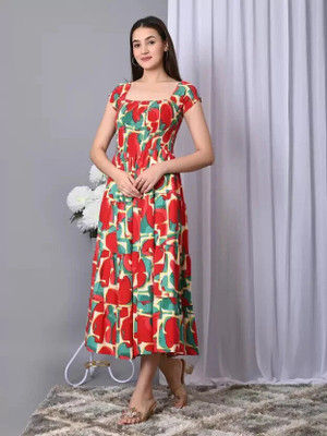 VYMO Women Fit and Flare Red Midi/Calf Length Dress