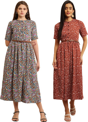 Mamnoon Women Fit and Flare Multicolor Midi/Calf Length Dress