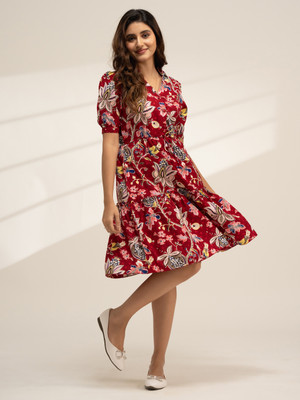 AASK Women Fit and Flare Maroon Midi/Calf Length Dress