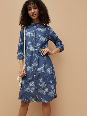 Colour Me by Melange Women Shirt Blue Knee Length Dress