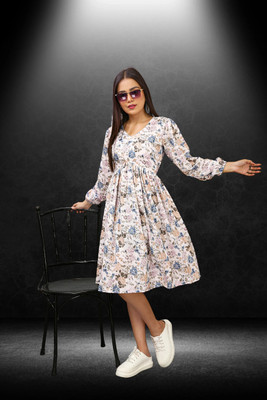 HouseOfCommon Women Fit and Flare White Knee Length Dress