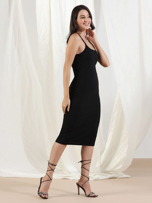 Dwarros Women Bodycon Black Below Knee Dress