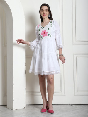 Merira Women A-line White Above Knee/Mid Thigh Length Dress