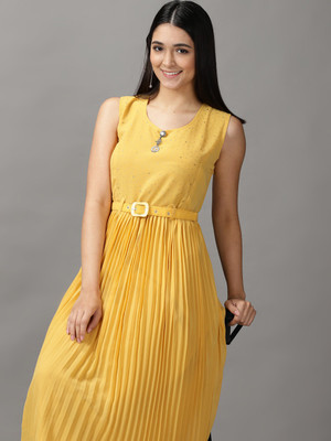 SHOWOFFFF Women Fit and Flare Yellow Maxi/Full Length Dress