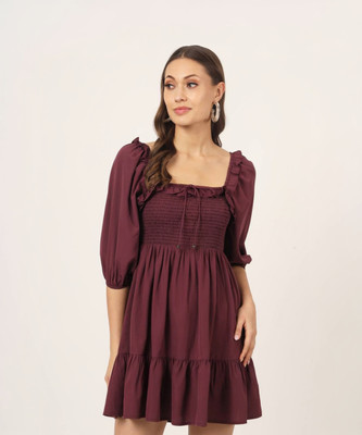 BEATNIK Women Fit and Flare Maroon Above Knee/Mid Thigh Length Dress