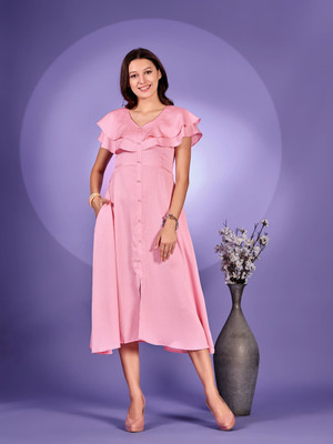 Herway Women A-line Pink Midi/Calf Length Dress