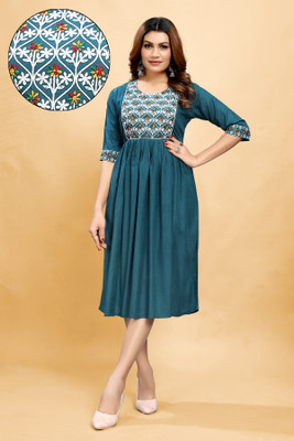 ShopGlobal Women Fit and Flare Dark Blue, White Midi/Calf Length Dress