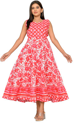 DADUDAYAL EXPORT Women Gown Pink, White Midi/Calf Length Dress