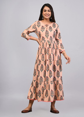 PUKHYA Women Fit and Flare Pink Midi/Calf Length Dress