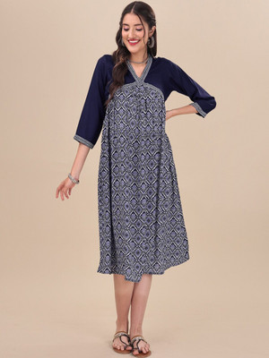 MASSTANI BY INDDUS Women A-line Dark Blue, White Midi/Calf Length Dress