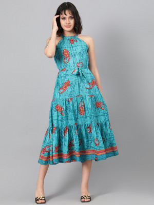 KOTTY Women Fit and Flare Brown, Light Blue Midi/Calf Length Dress