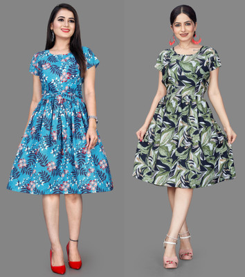 MAHADEV Women Fit and Flare Blue Mini/Short Dress