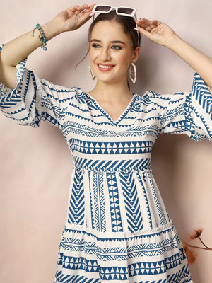 Stylum Women Fit and Flare Blue, White Above Knee/Mid Thigh Length Dress