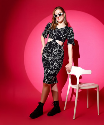 Honky Tonky Women Bodycon Black, White Midi/Calf Length Dress