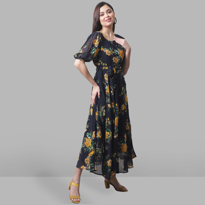 Fabflee Women Fit and Flare Multicolor Maxi/Full Length Dress