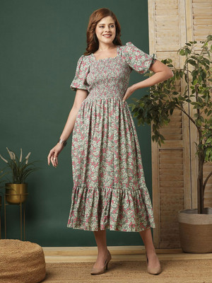 Moda Rapido Women Fit and Flare Green Knee Length Dress