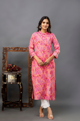 Gudwear Women Printed Straight Kurta(Pink)