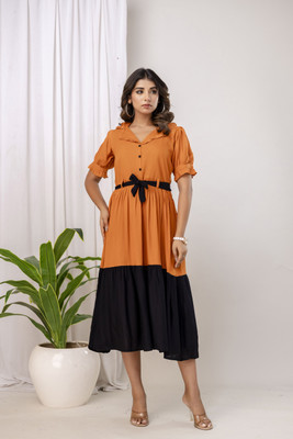 VASTRA MALL Women A-line Orange, Black Below Knee Dress