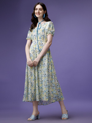 Fashion2wear Women Fit and Flare Yellow Midi/Calf Length Dress