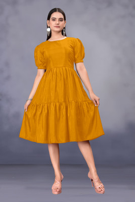 SHREE SOMANATH JARI Women Balloon/Bubble Yellow Ankle Length Dress