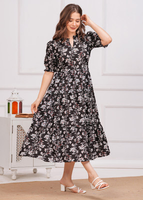 Khejal Women Fit and Flare Black Midi/Calf Length Dress