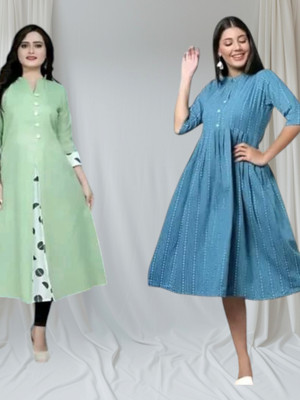 Houseofcommonk Women Printed Anarkali Kurta(Green, Light Blue)