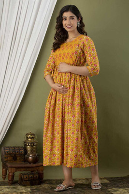nandini creation Women Fit and Flare Yellow Midi/Calf Length Dress