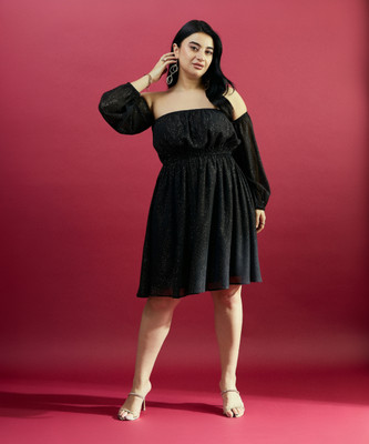 CURVE BY KASSUALLY Women Fit and Flare Black Above Knee/Mid Thigh Length Dress