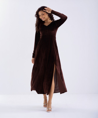 AASK Women Fit and Flare Brown Midi/Calf Length Dress