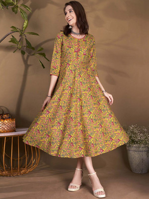 all about you Women A-line Yellow Midi/Calf Length Dress