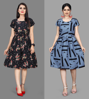 VARUDIFAB Women Gathered Multicolor Knee Length Dress