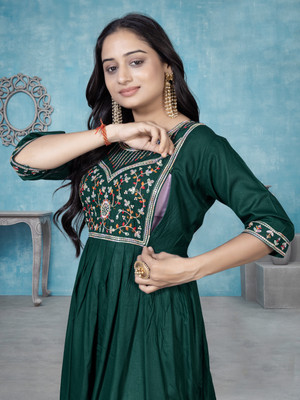 OVUSI Women Ethnic Dress Green Below Knee Dress