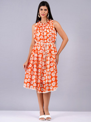 sana fashion Women Fit and Flare Orange Midi/Calf Length Dress