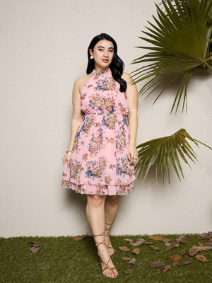 CURVE BY KASSUALLY Women Fit and Flare Pink Above Knee/Mid Thigh Length Dress