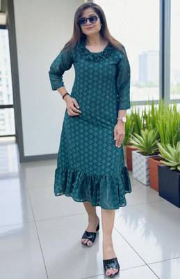 Bhanderi Creation Women A-line Green Midi/Calf Length Dress