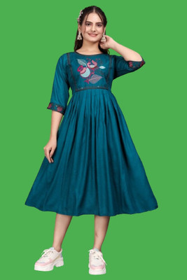 HouseOfCommon Women Fit and Flare Dark Blue Midi/Calf Length Dress