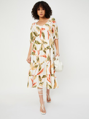 MAX Women Tiered Beige Midi/Calf Length Dress