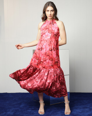RAREISM Women Fit and Flare Maroon Midi/Calf Length Dress