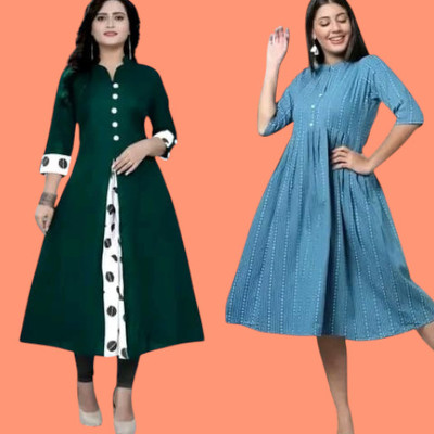Texpa Pl Women Printed Straight Kurta(Green, Light Blue)