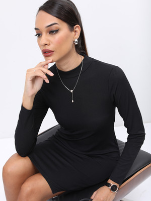 Tokyo Talkies Women Ribbed Black Above Knee/Mid Thigh Length Dress