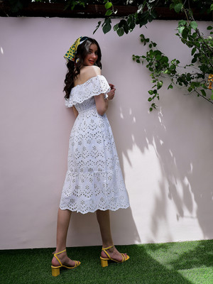 ATHENA Women Fit and Flare White Midi/Calf Length Dress