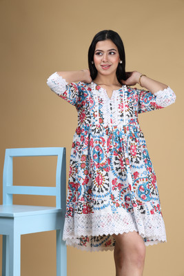 EyeBogler Women Gathered Multicolor Above Knee/Mid Thigh Length Dress